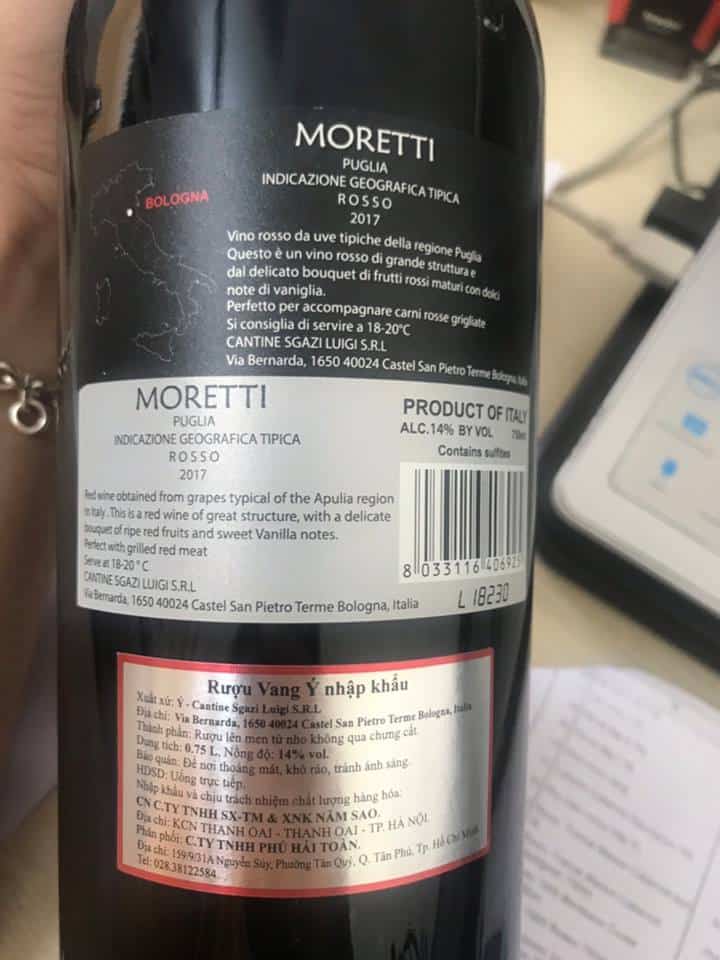 Rượu Vang Moretti 2018 Rượu Vang Moretti mặt sau