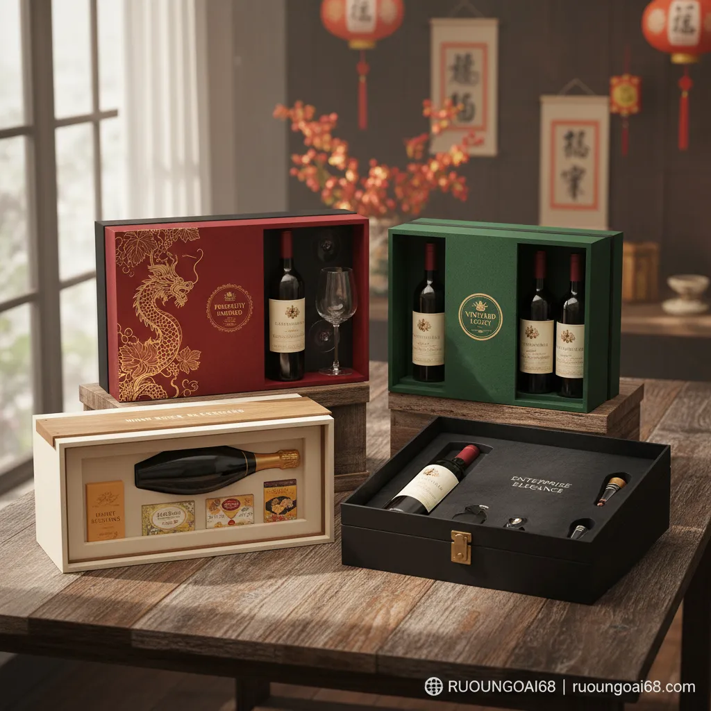 Hộp quà tết rượu vang cho doanh nghiệp Hộp quà Tết rượu vang