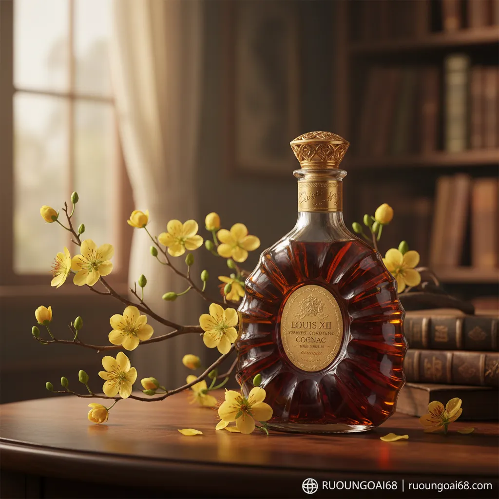 Lựa Chọn Rượu Ngoại Cao Cấp Làm Quà Tết Tặng Sếp Ý Nghĩa 2. Chai cognac cổ điển bên cành mai vàng