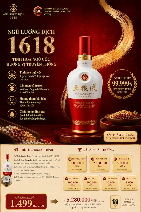 Giới thiệu rượu Ngũ Lương Dịch 1618 – Thông tin, hương vị, giá bán Giá rượu Ngũ Lương Dịch 1618