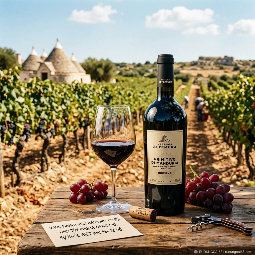 Rượu vang Ý 16–18 độ: khác nhau thế nào? Rượu vang Primitivo di Manduria từ vùng Puglia nắng gió